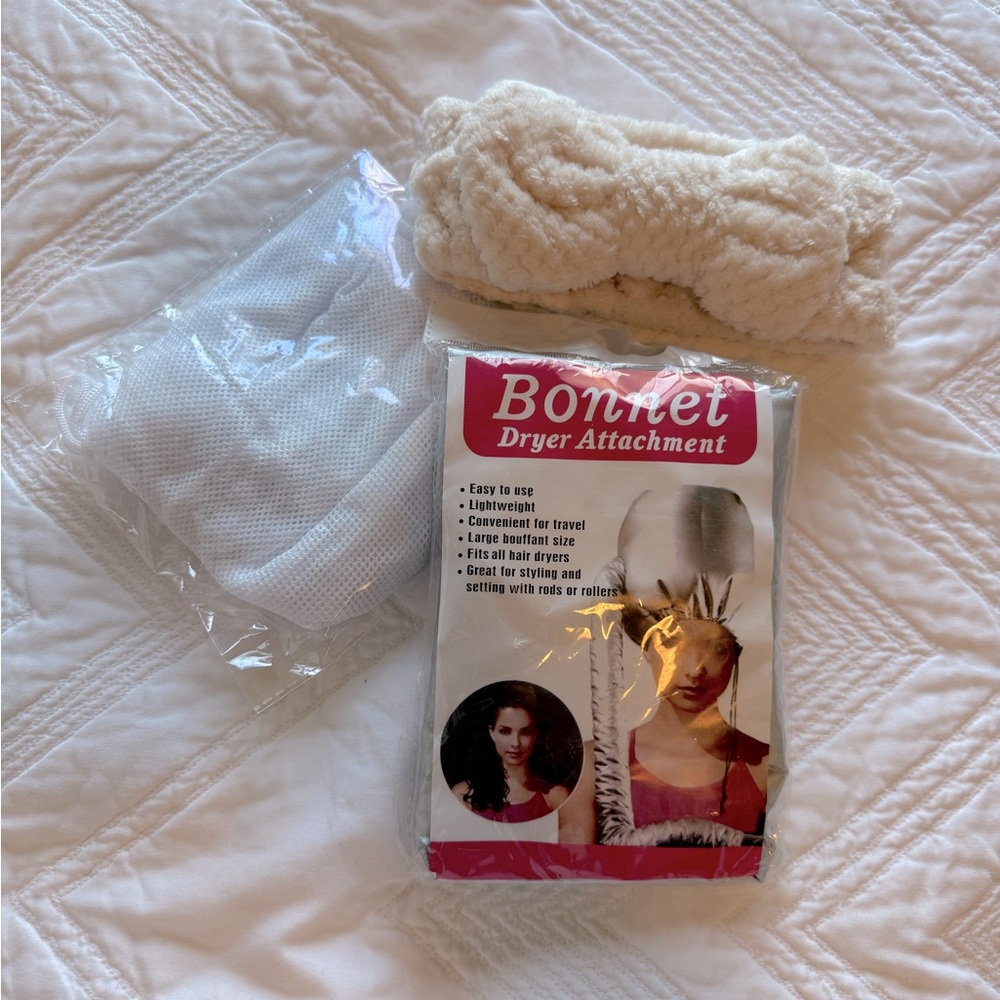 Brand New 3 Piece Set: 1-Bonnet Dryer Attachment 2- Net plopping cap, 3-Headband